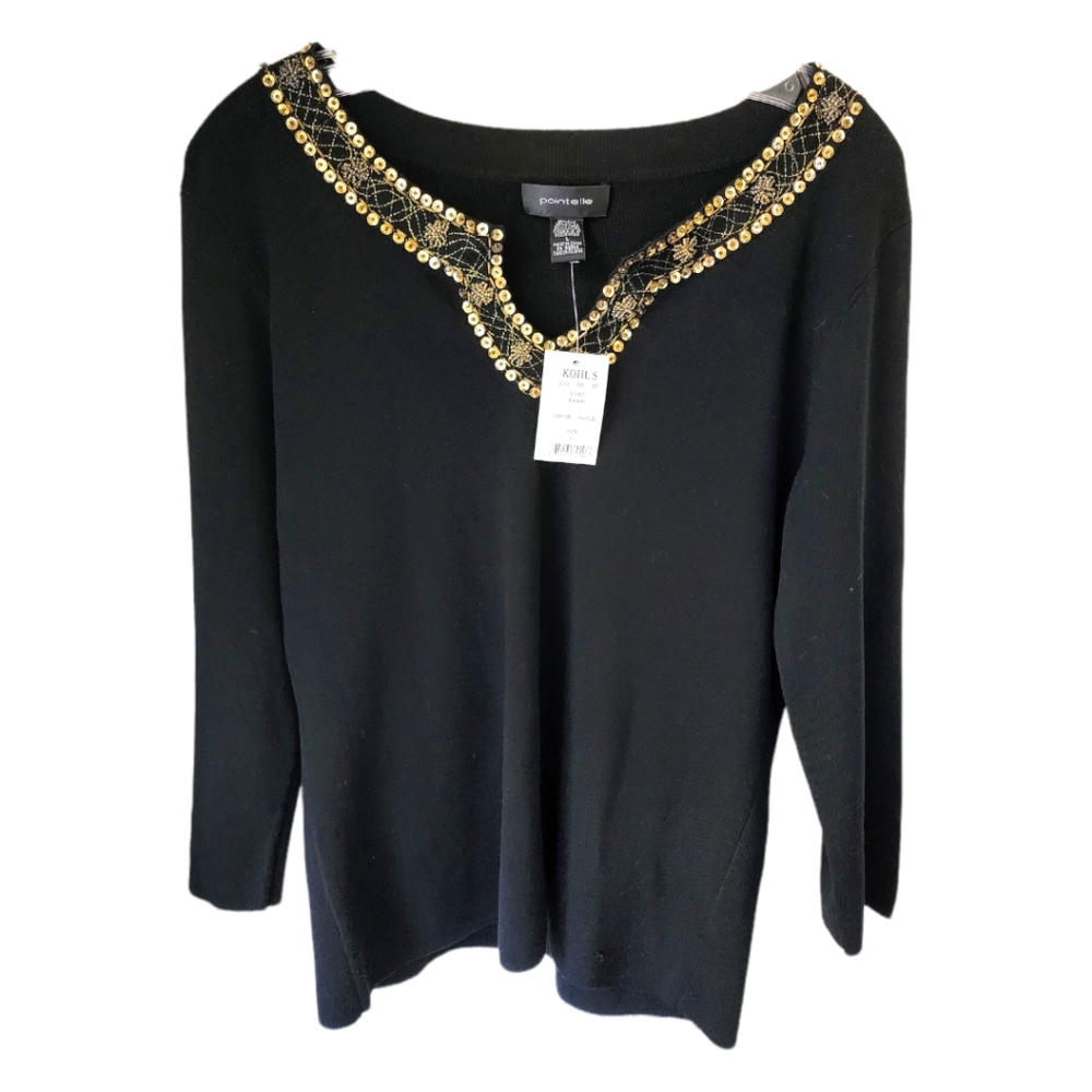 NWT Pointelle Women's Large Black Sequin Beads & Metallic 3/4 Sleeve Top